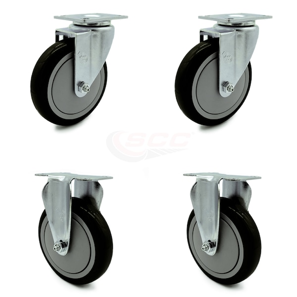 5 Inch Black Polyurethane Wheel Swivel Top Plate Caster Set with 2 Rigid SCC